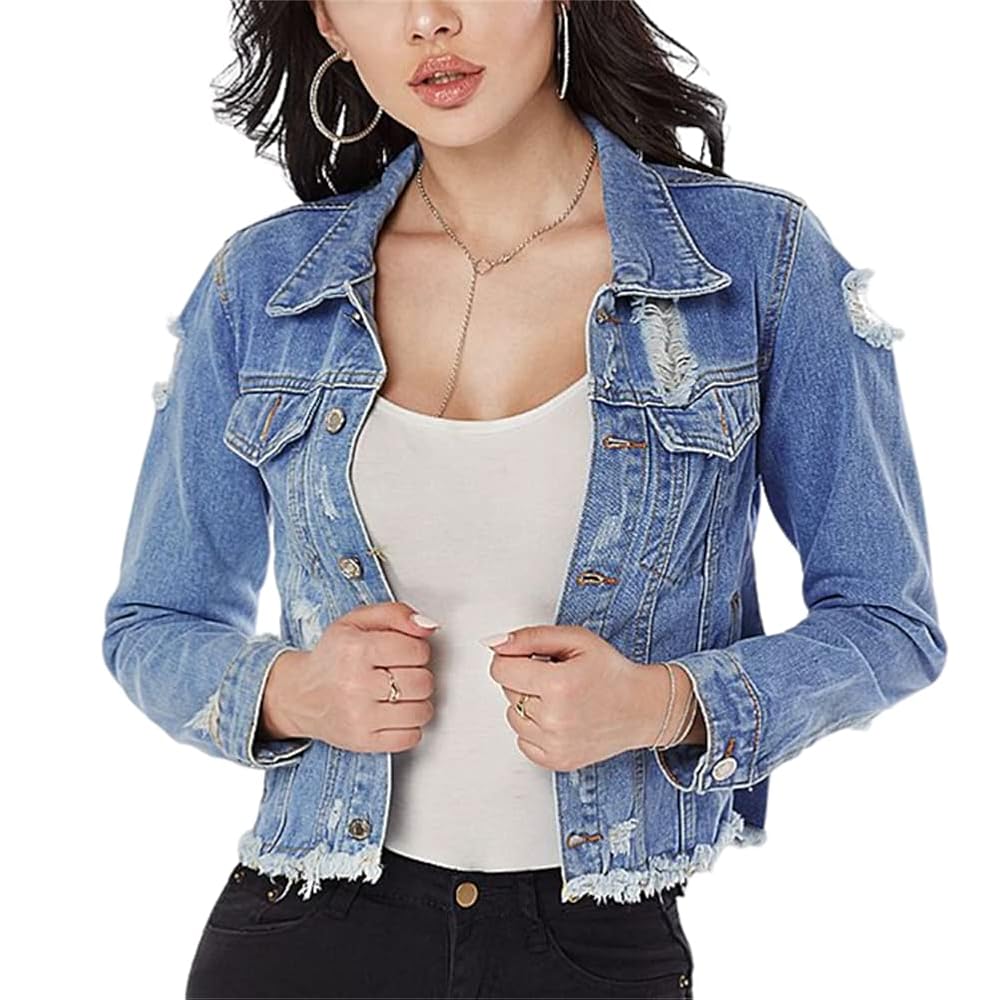 HOULENGS Women's Frayed Ripped Button Denim Jacket Long